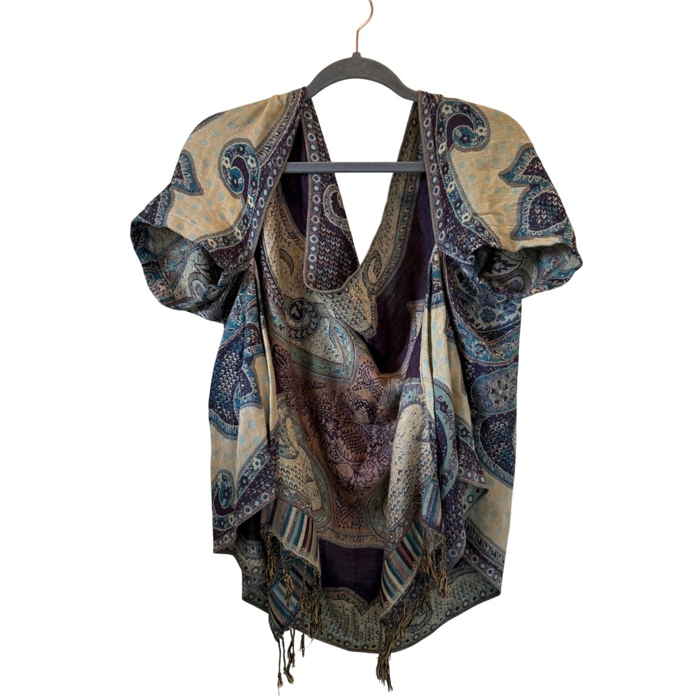 Boho Paisley Woven Ruana Wrap Cardigan Fringe Shawl One Sz Blue Purple Handmade